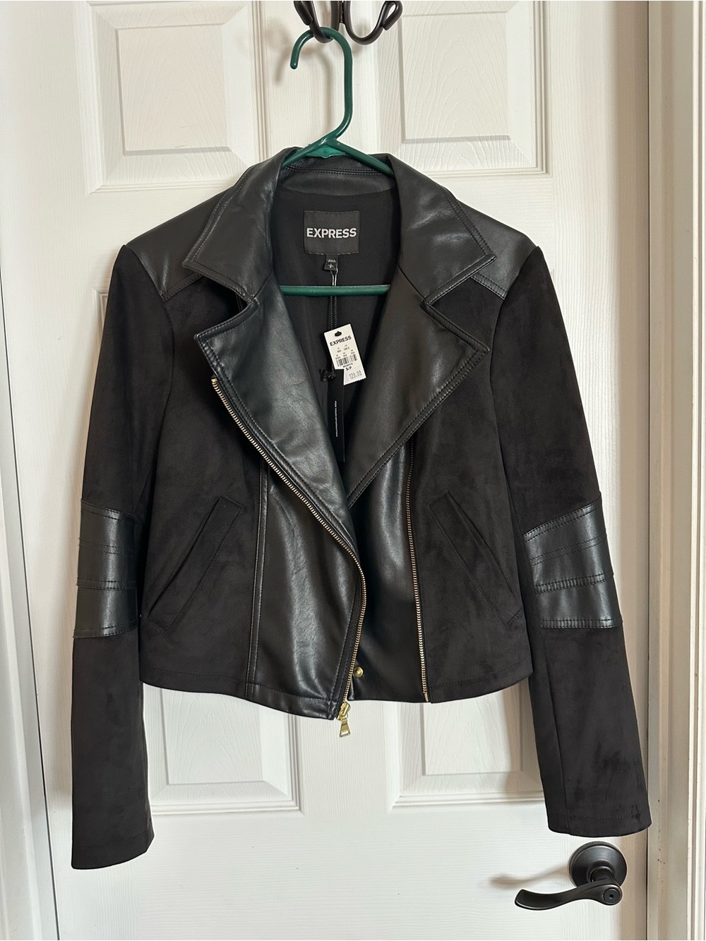 Express Black Mixed-Media Moto Jacket with Leather Trim
